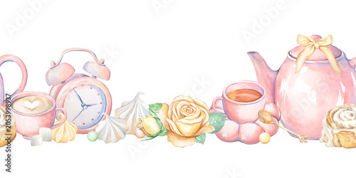 Foto A seamless watercolor border featuring a tea party
