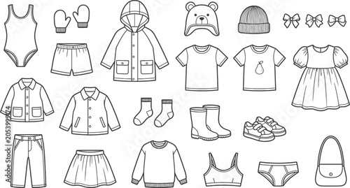 Children s Clothing Collection Black And White Vector Illustration