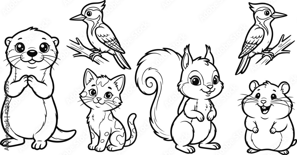 Naklejka premium Collection Of Forest Animals Black And White Vector Illustration
