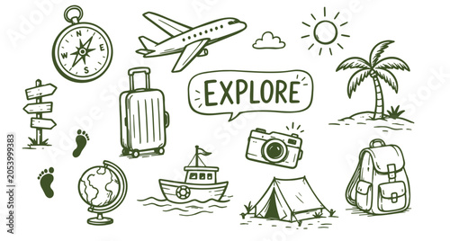 Set of travel icons featuring an airplane, backpack, suitcase, globe, and camera in a black and white doodle style for adventure and vacation concepts