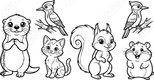 Konstfotografi Collection Of Forest Animals Black And White Vector Illustration