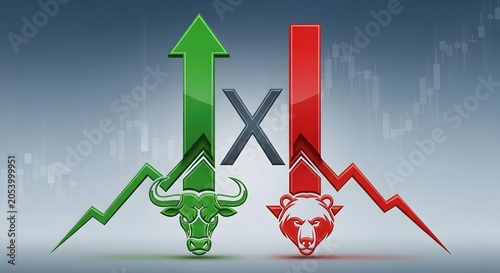 Bull and bear market illustration with stock chart and rising falling trends