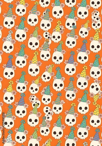 Halloween Skulls with Party Hats on Orange Background.