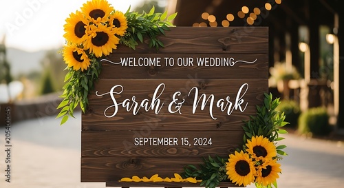 Elegant Wedding Welcome Sign with Sunflowers and Rustic Wood Design.