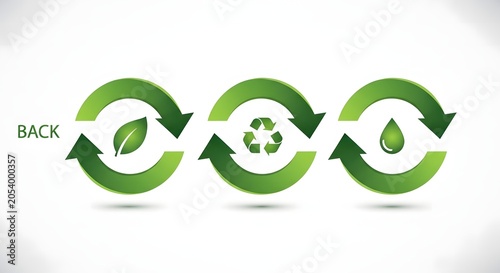 Green recycling arrows with leaf water drop and symbol on white background
