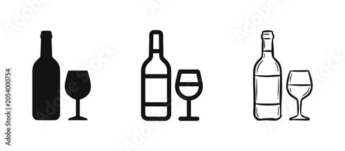 Tableau sur toile Wine Icons Set - Alcohol Bottle and Glass Beverage Symbols in Solid, Outline and
