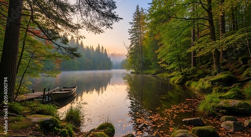 Tranquil Lake Reflection in Forest at Dawn.