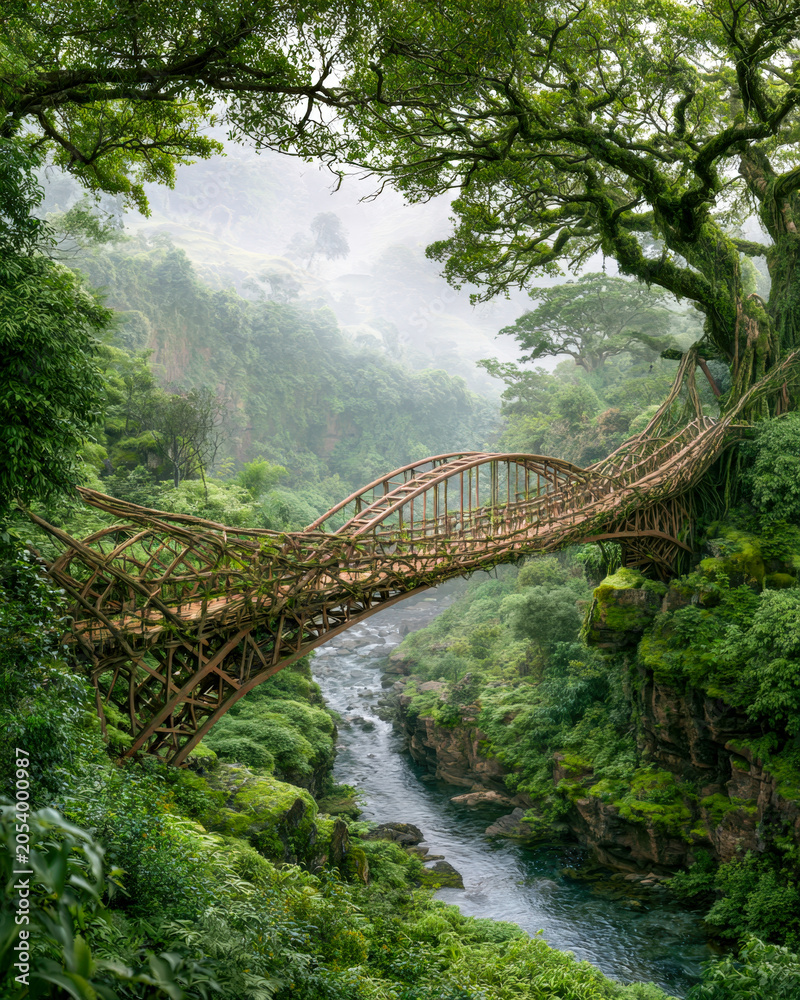 Naklejka premium Lush Forest Footbridge Over River In Magical Green Valley