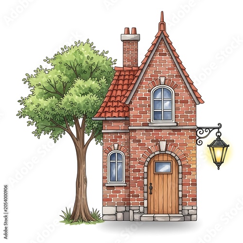 Charming Brick House with Tree and Lantern Illustration.