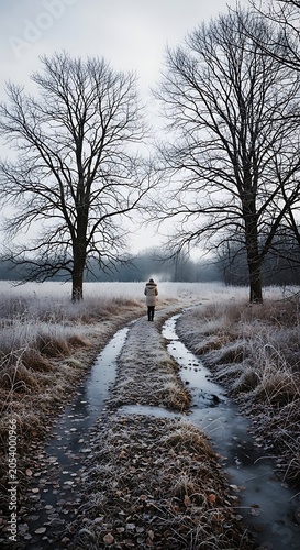 Winter Solitude - A Lone Figure on a Frosty Path.