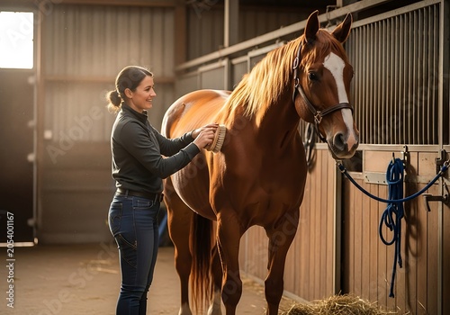 Woman Grooming a Chestnut Horse in Stable.