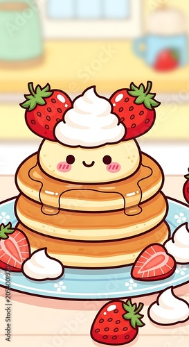 Kawaii Pancake Stack with Strawberries and Cream - A Delicious Treat.
