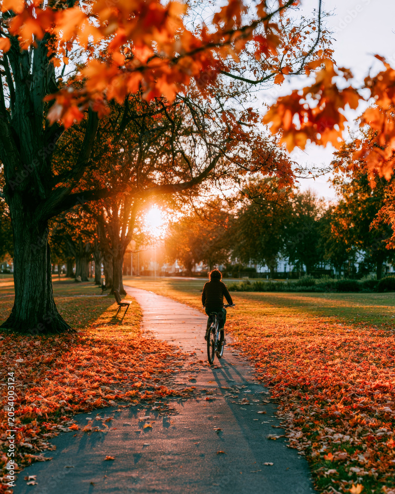 Obraz premium Cyclist on Autumn Park Path With Orange Leaves and Golden Sunset
