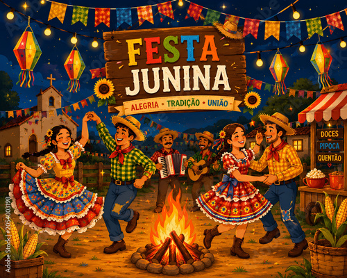 Festa Junina festival illustration with people dancing and enjoying - ai generative