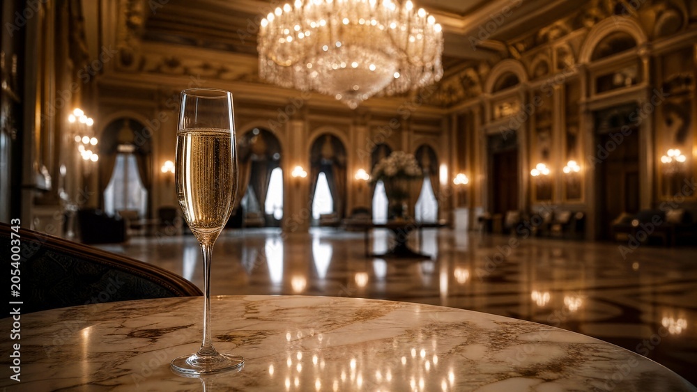 Obraz premium ballroom. An empty ballroom with a grand chandelier and a single champagne flute. bar promotions, beverage menus, designed for food & beverage menus and cafe branding, enhances appetite appeal.