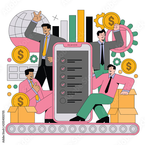 Business team working on mobile performance analytics and financial growth