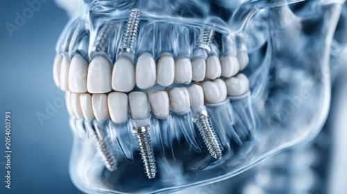 A detailed 3D X-ray image showing dental implants integrated with natural teeth in a transparent jaw model.