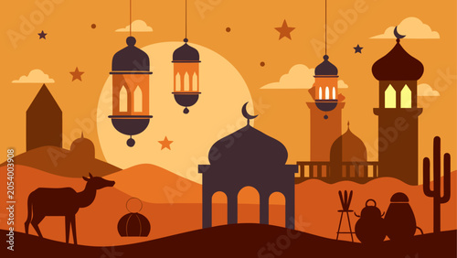 Quadro em tela Desert, Islamic, Vector Illustration, Mosque, Lanterns, Desert Landscape