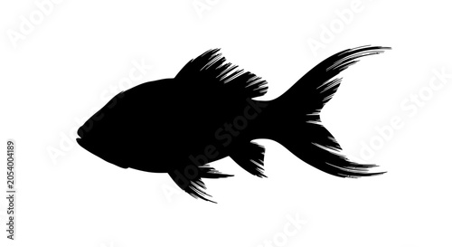 Black silhouette of a goldfish on white background for design elements