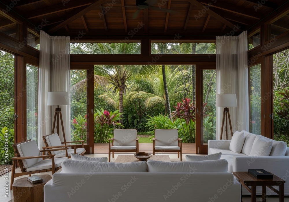 Fototapeta premium Modern living room interior with open wall overlooking tropical garden. Furniture in minimalist style with view of palm tree and green foliage. Luxury vacation villa in nature retreat.