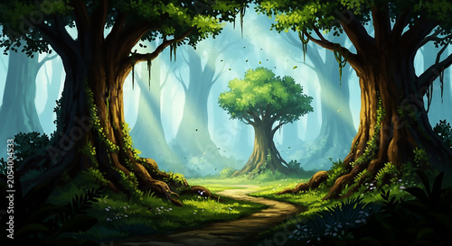 A beautiful fairytale enchanted forest with big trees and great vegetation. Digital painting background