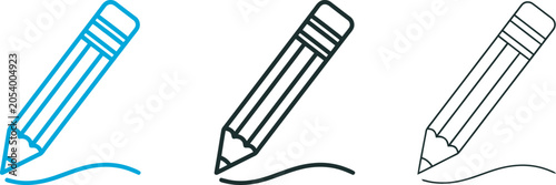 Collection of four pencil with a wavy line in diverse styles including solid blue, solid black, and linear outlines for creative writing