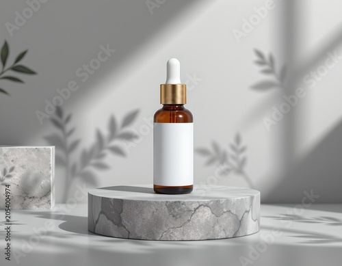 Blank cosmetic dropper bottle mockup on gray and white podium, skincare branding concept, luxury beauty product photography, clean soft light, elegant commercial composition with no label, no text
