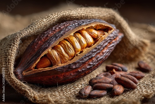 Raw Cocoa Pod and Beans: A detailed close-up reveals a cut-open raw cocoa pod, showcasing its fleshy pulp and central beans, nestled within a rustic burlap sack.