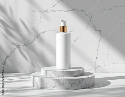 3D render of a floating white cosmetic bottle mockup on gray and white abstract podium, minimalist luxury skincare branding, soft studio lighting, realistic shadows