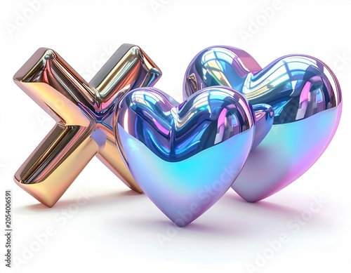 Two iridescent hearts and a golden cross, a sweet romantic gesture