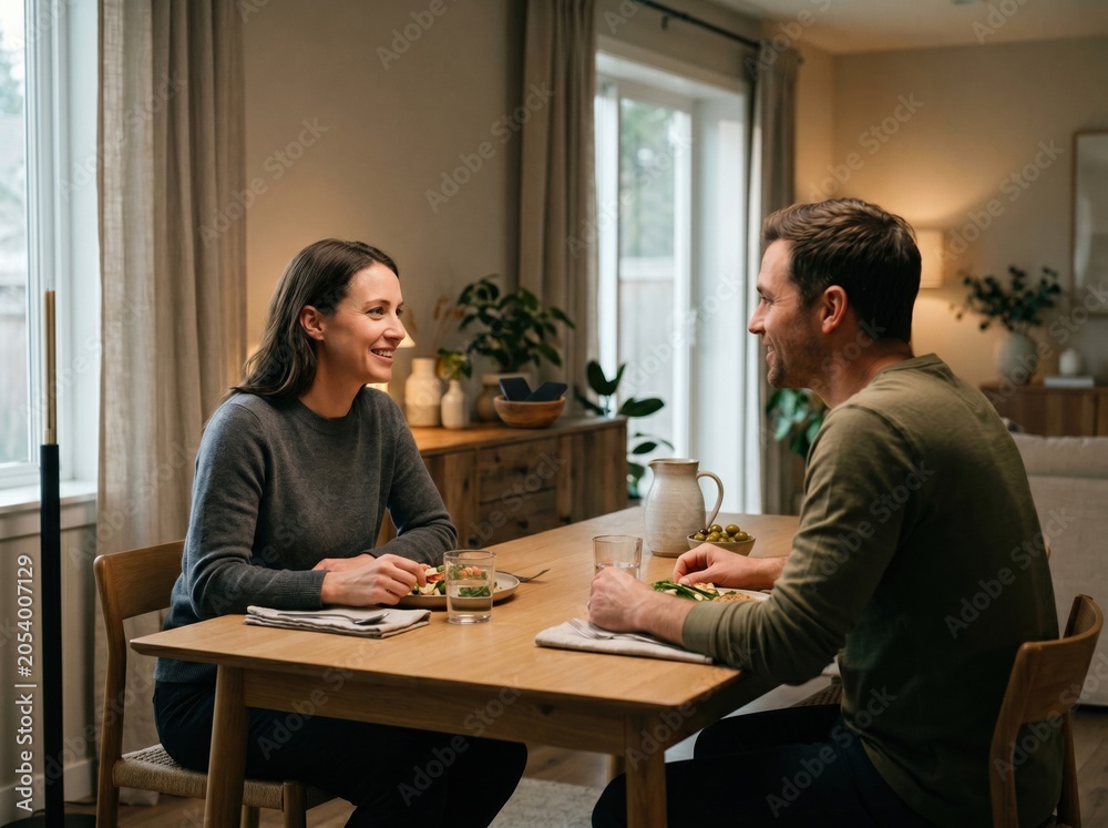 Fototapeta premium Couple dining with phones in wooden bowl on sideboard workplace balance