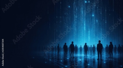 Silhouettes Standing Before Falling Digital Data Stream