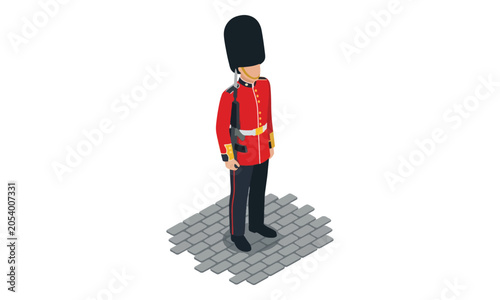 Schilderij op canvas Isometric British Royal Guard Standing with Rifle on Cobblestones
