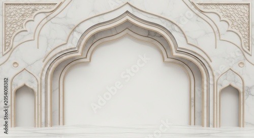 Textured Clean White Marble Islamic Arch Background with Gold Accents
