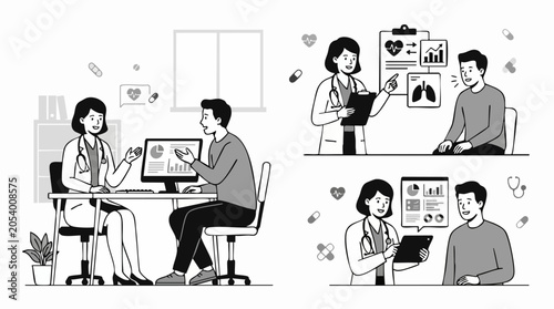 Doctor-Patient Consultation: A doctor explains medical information to a patient using a computer, charts, and a tablet, highlighting the importance of clear communication in healthcare.
