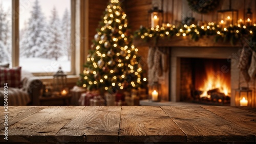 Wooden Tabletop with Blurred Christmas Fireplace Background