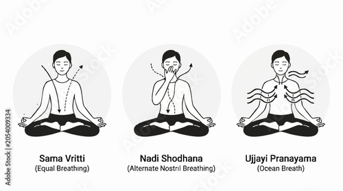 Pranayama Breathing Techniques: An infographic illustrating three distinct yogic breathing exercises: Sama Vritti (Equal Breathing), Nadi Shodhana (Alternate Nostril Breathing).