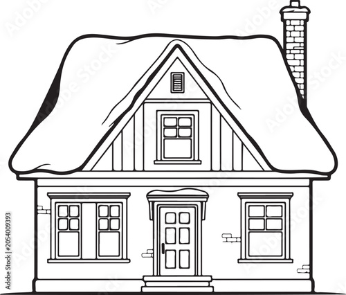Whimsical handdrawn illustration of a cozy cottage with a thatched roof and smoking chimney