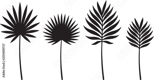 Collection of stylized black palm leaves isolated on transparent background for design