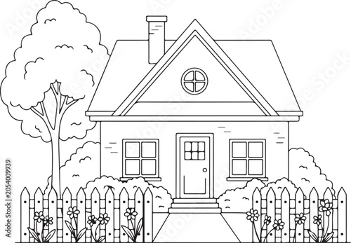 House with fence and tree in front yard.