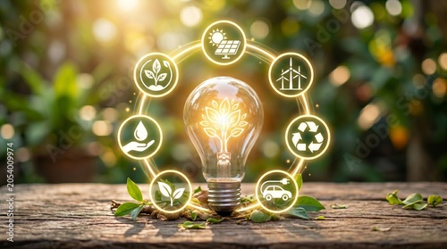 Glowing light bulb with eco-friendly icons representing sustainable renewable energy and environmental conservation on a natural green background