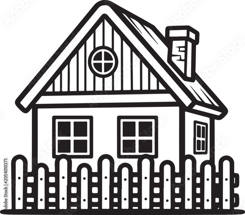 Simple cartoon outline of a charming house with a chimney and fence isolated on transparent background