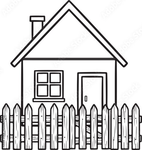 Simple handdrawn outline of a house with a picket fence and chimney