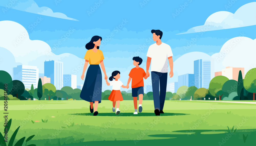 Obraz premium Family strolls through sunlit park on a clear day
