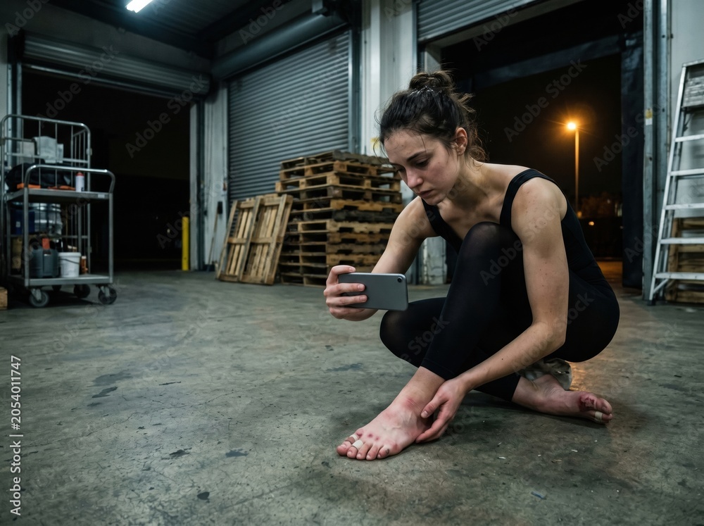 Naklejka premium Ballerina photographing swollen feet beside warehouse night shift labor concept