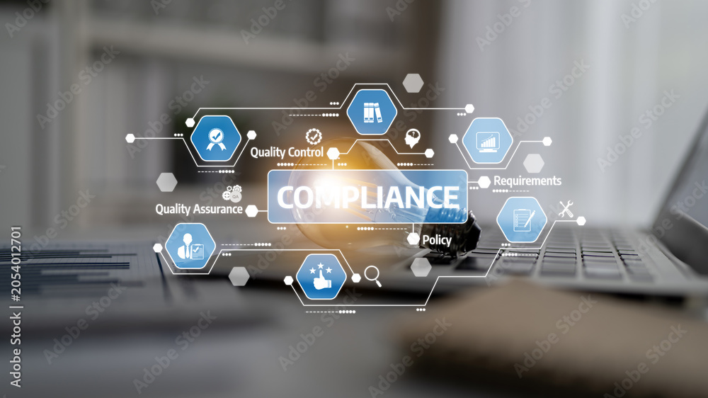 Fototapeta premium Visual representation of compliance and quality control concepts in a modern office setting, emphasizing policy and requirements through digital icons and graphics. Tessel