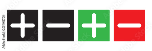 Plus and Minus Icons Collection. Add and Remove Symbol UI Buttons Vector Set in square button styles with black, green and red color.