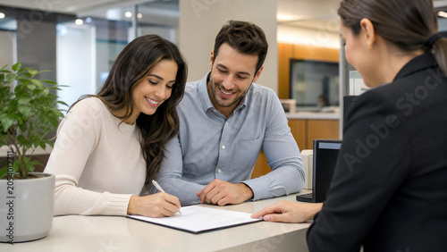 Couple signing documents with a representative