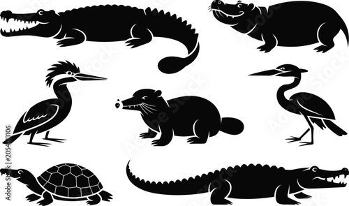 Bilde på lerret Collection of reptile and wild animal silhouettes with crocodile alligator silho