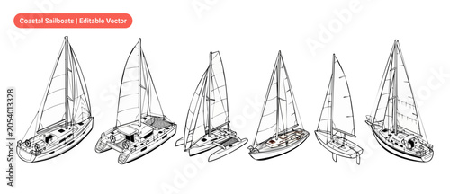 Sailboat Yacht Line Art Vector Icon Set featuring catamaran, trimaran, and monohull sailing boats for marine design, nautical blueprints, minimal ocean vessel illustrations, and coastal adventure.